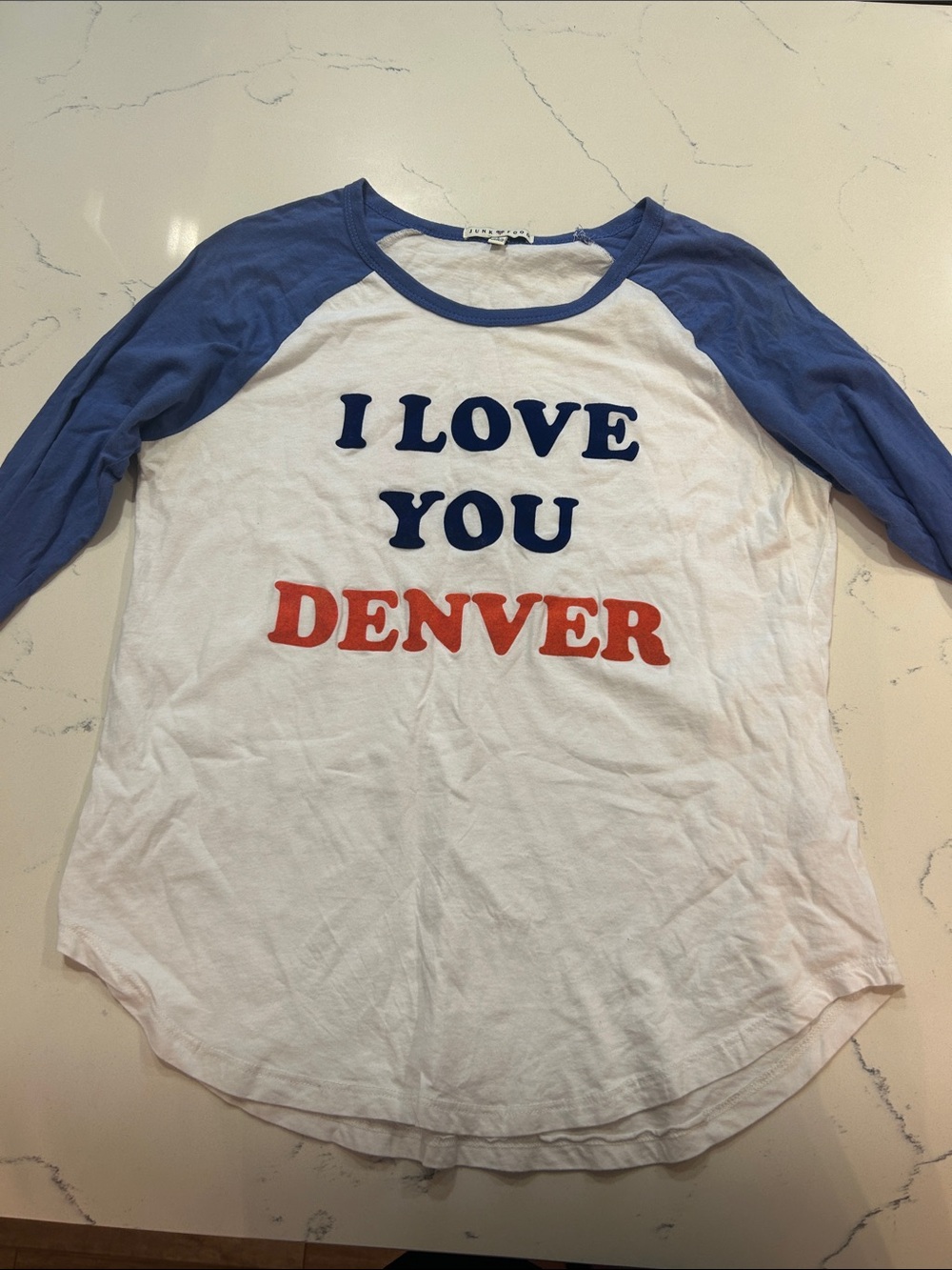 Blue and White Raglan 'I Love You Denver' Long Sleeve Tee size Large